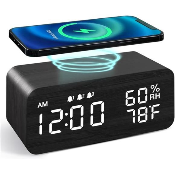 Wooden Digital Alarm Clock with Wireless Charging, Dimmable, Adjustable Volume - Picture 5 of 7